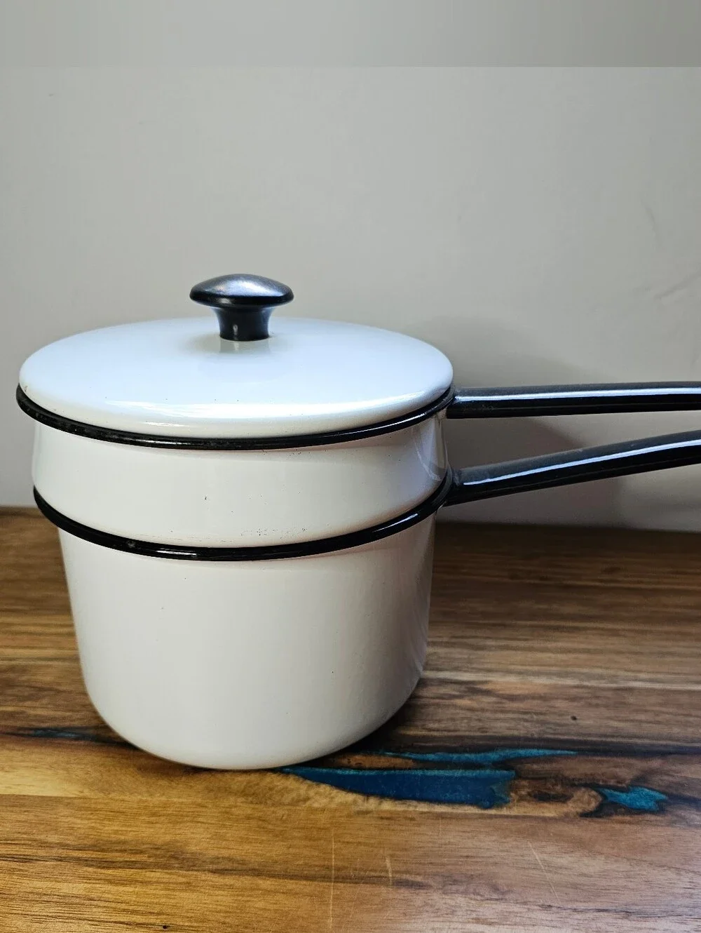 Vintage Vollrath Ware Enamel Double  Boiler 3 Piece Set White Black Trim